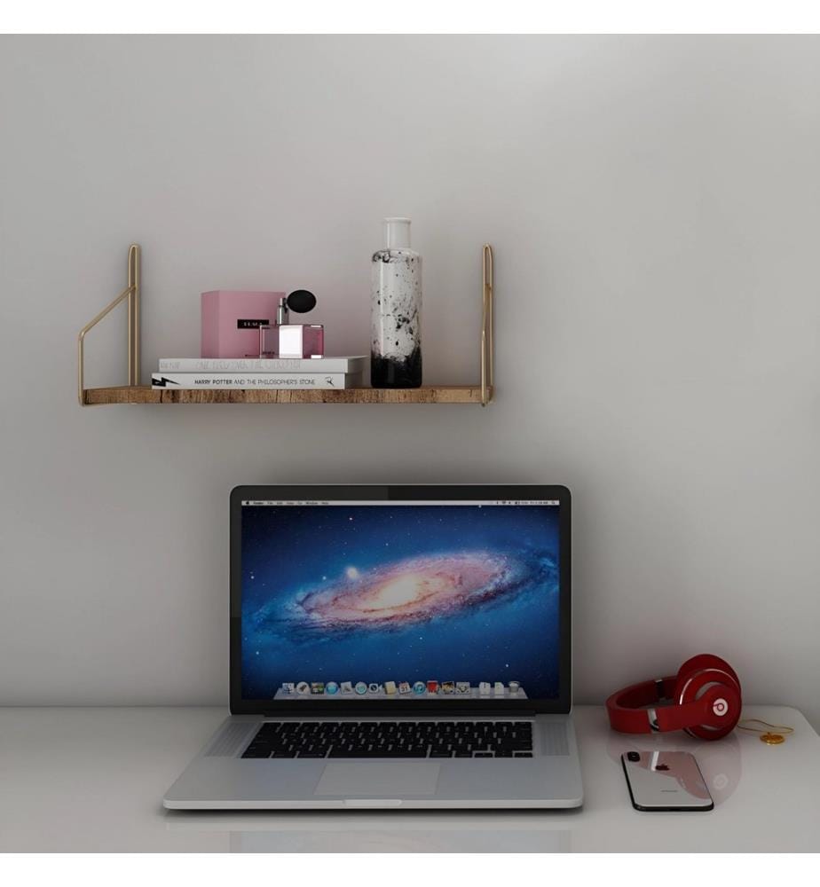 Wall Shelf, Gold, Brown, Solid Wood, Metal Brackets