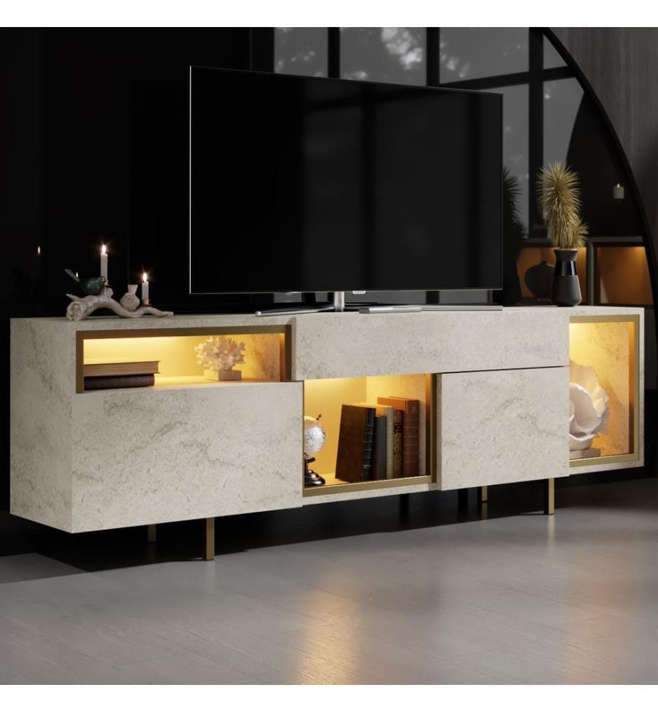 Meuble TV, panneau de particules 100 % mélaminé, travertin, doré