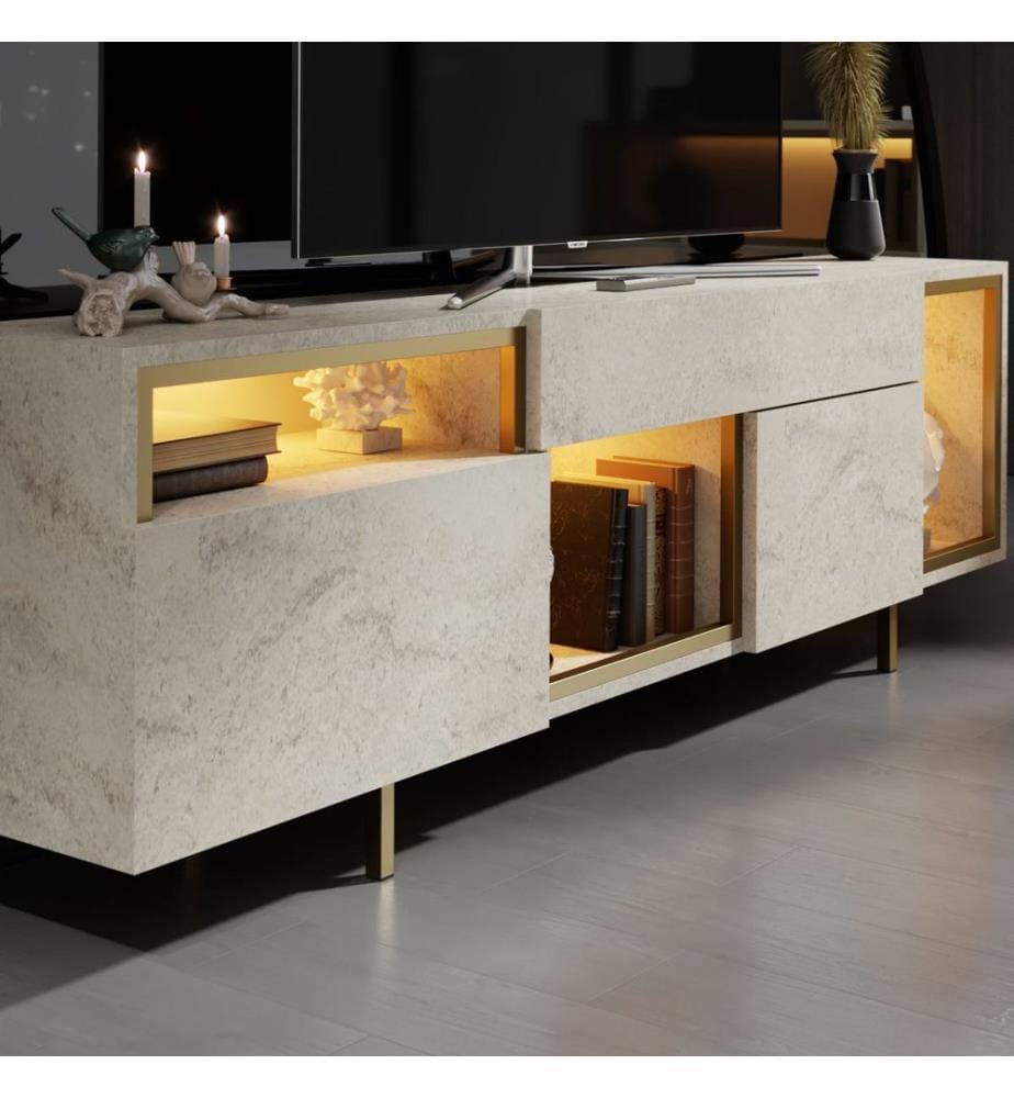 Meuble TV, panneau de particules 100 % mélaminé, travertin, doré