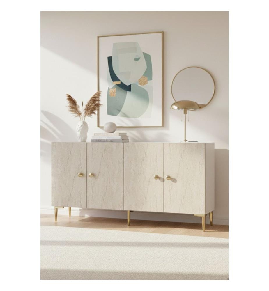 Console, panneau de particules 100 % mélaminé, blanc, travertin, or