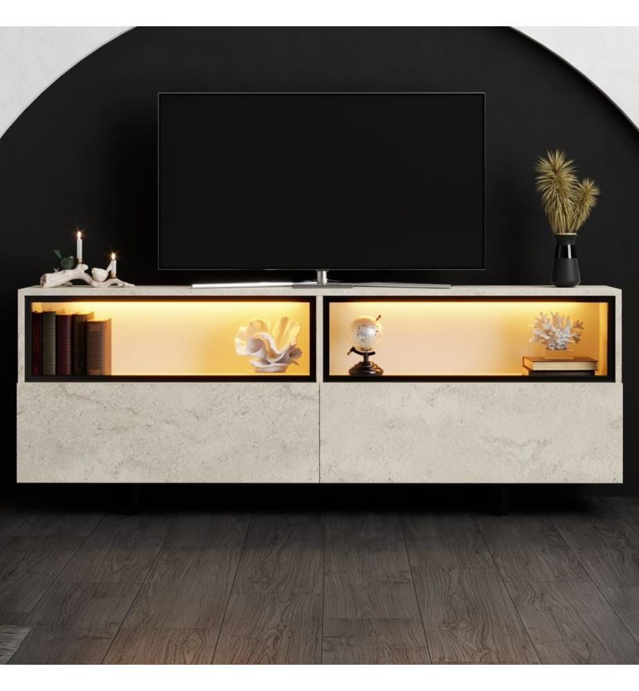 Meuble TV, panneau de particules 100 % mélaminé, travertin