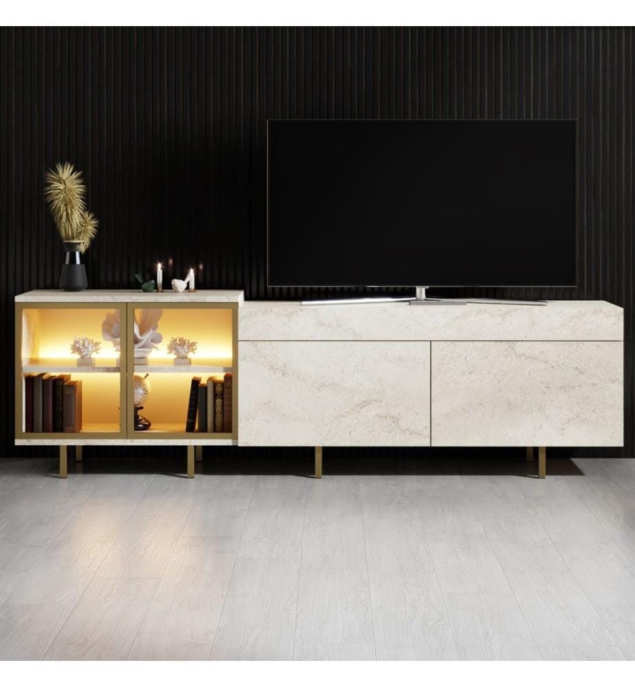 Meuble TV, panneau de particules 100 % mélaminé, travertin, doré
