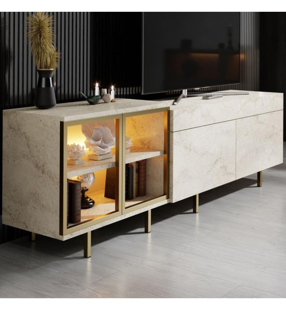 Meuble TV, panneau de particules 100 % mélaminé, travertin, doré