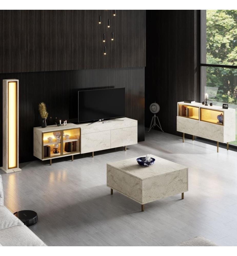 Meuble TV, panneau de particules 100 % mélaminé, travertin, doré