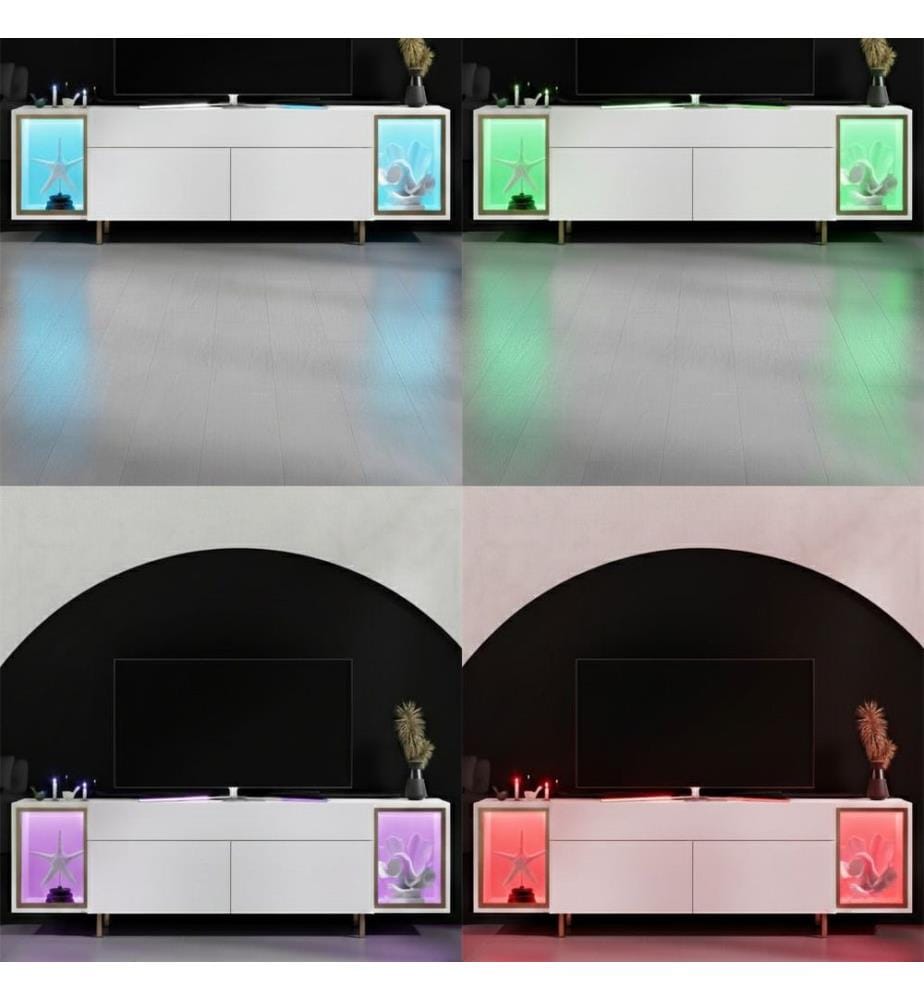 Meuble TV, panneau de particules 100 % mélaminé, blanc et doré
