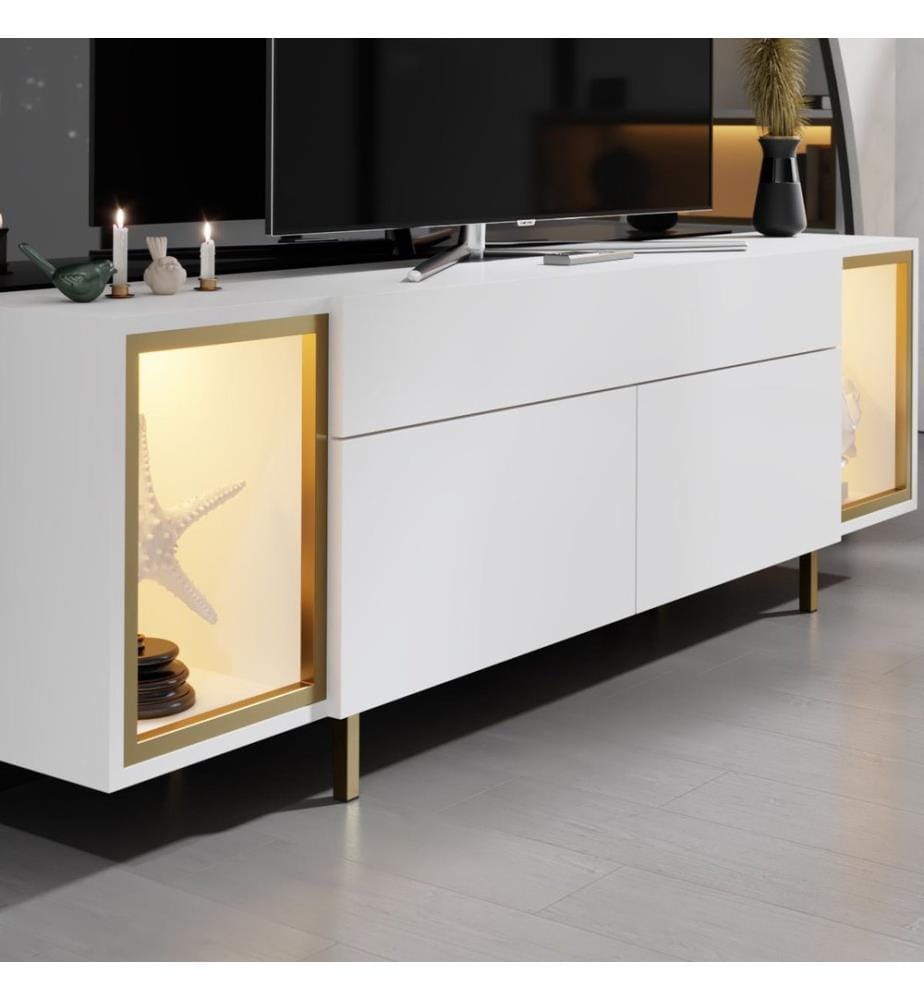 Meuble TV, panneau de particules 100 % mélaminé, blanc et doré