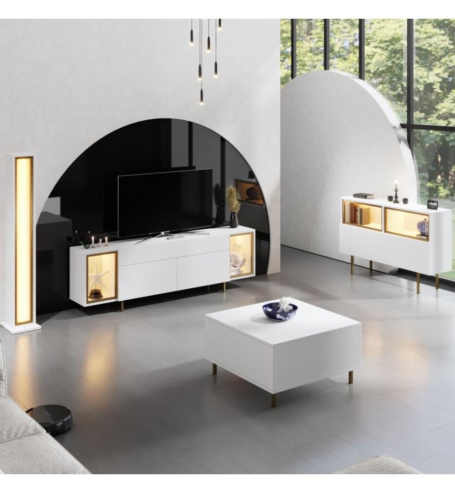 Meuble TV, panneau de particules 100 % mélaminé, blanc et doré