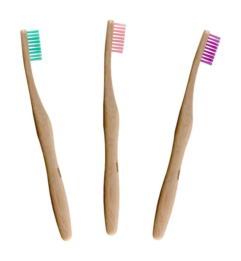 3er-Set Zahnbürsten Bambus - Grün Rosa Violett