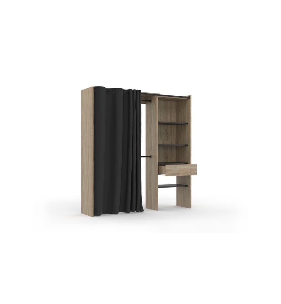 Ausziehbares Ankleidezimmer Mit Säule Und Garderobe Mit Vorhang 120-170x180cm - Holz Und Schwarz