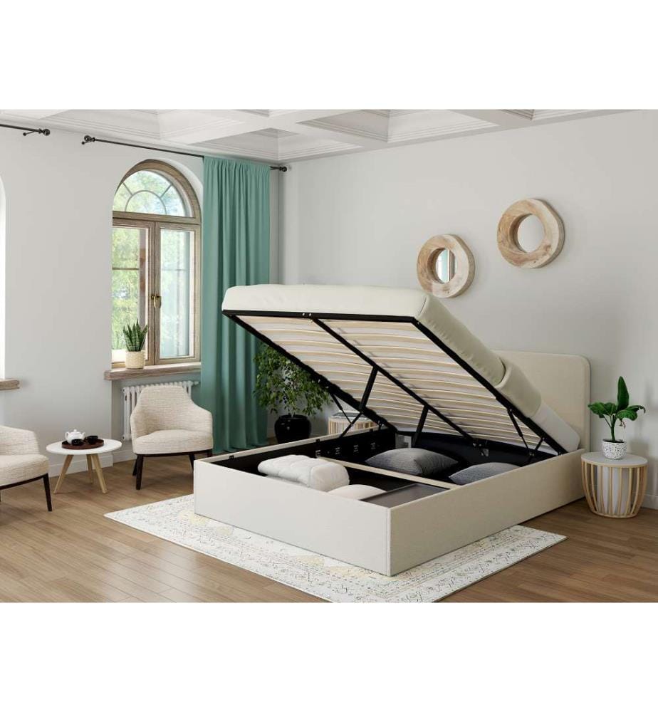 Lit Coffre avec Sommier en Bouclette et Tête de Lit Arrondie Louise 140 x 190 cm - Crème