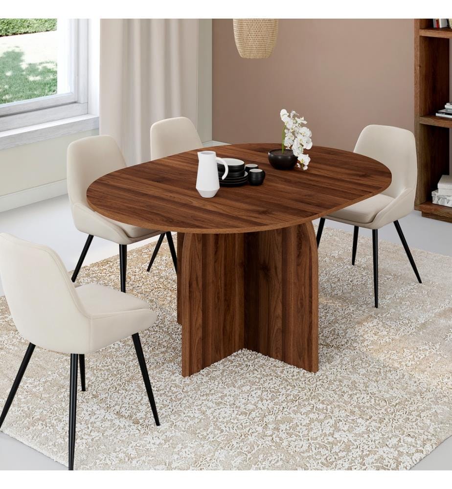 Table à manger ronde extensible Japandi effet noyer Ø110-150cm