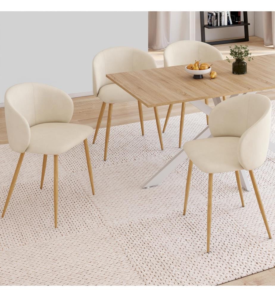 Lot de 4 Chaises Léona velours crème et pieds métal bois