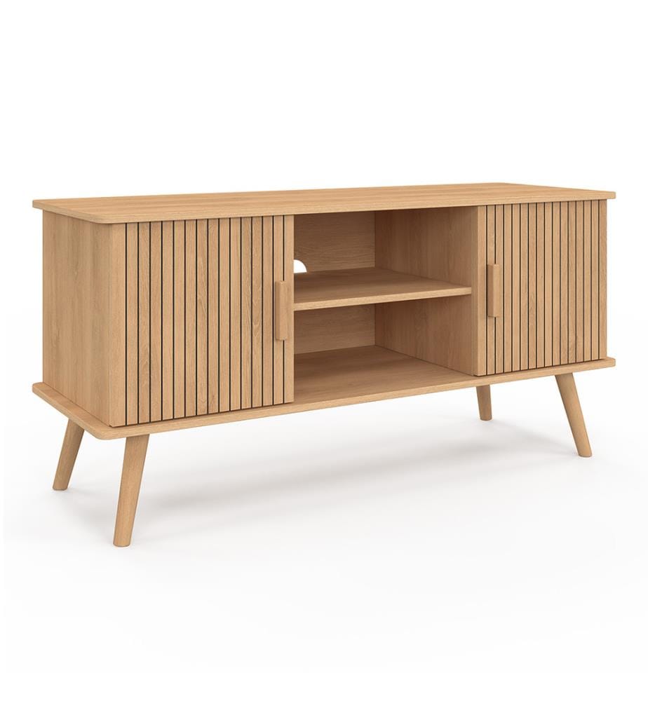 TV-Möbel Faustine Latteneffekt 2 Türen + Regale L110cm - Braun