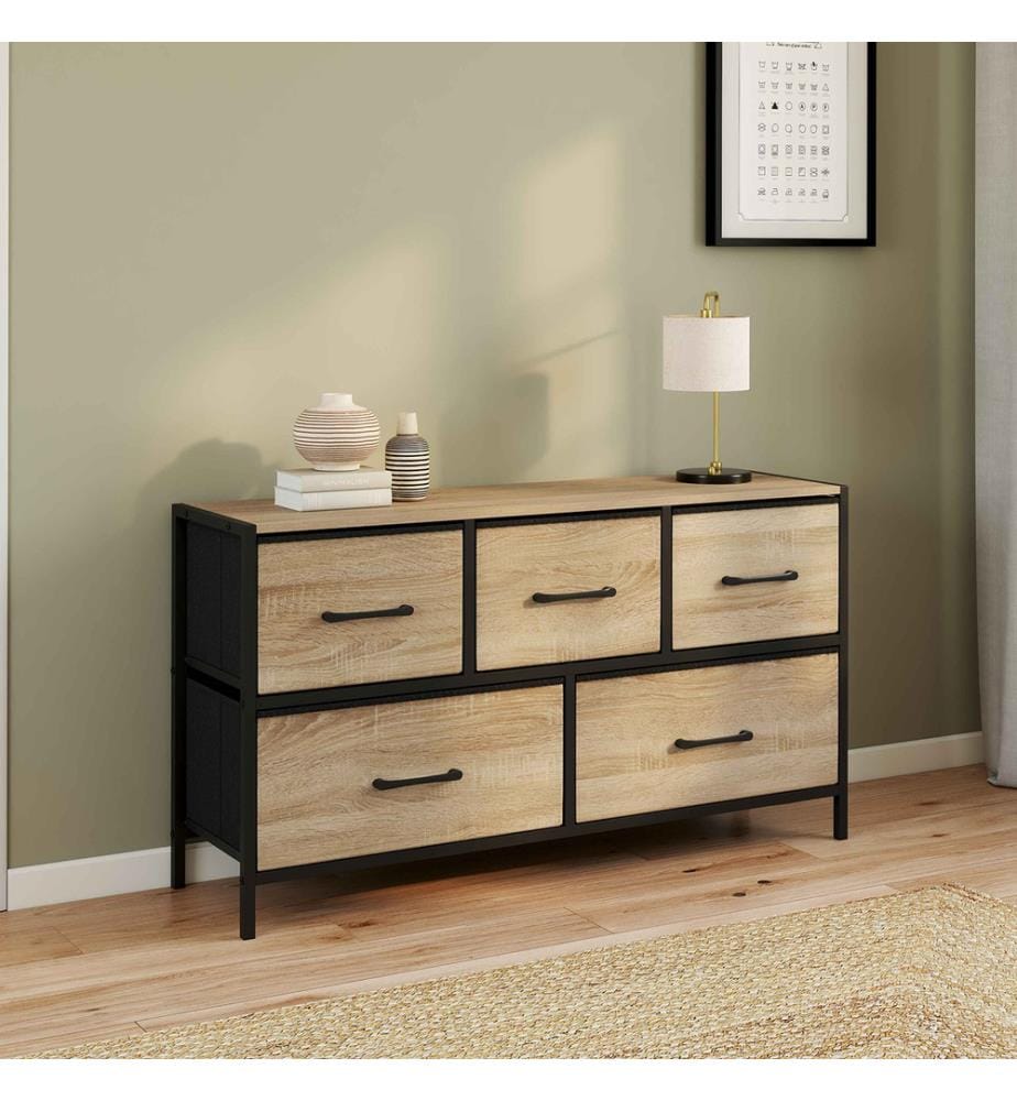 Commode Iris 5 tiroirs en bois et tissu