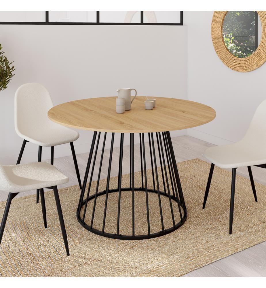 Table Repas Adelle plateau rond bois 110cm - Brun et Noir