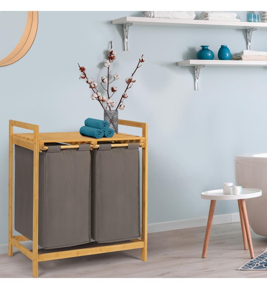 Panier à Linge Double Compartiments Maya en Bambou - Gris