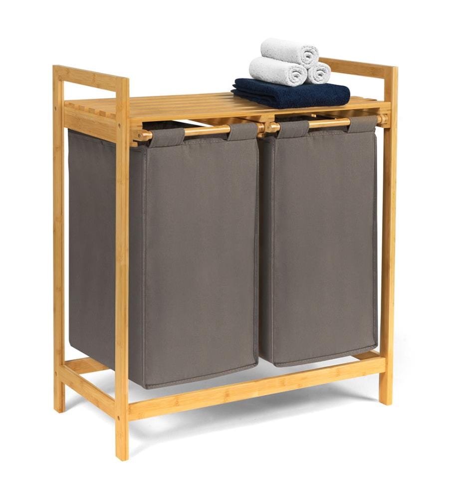 Panier à Linge Double Compartiments Maya en Bambou - Gris