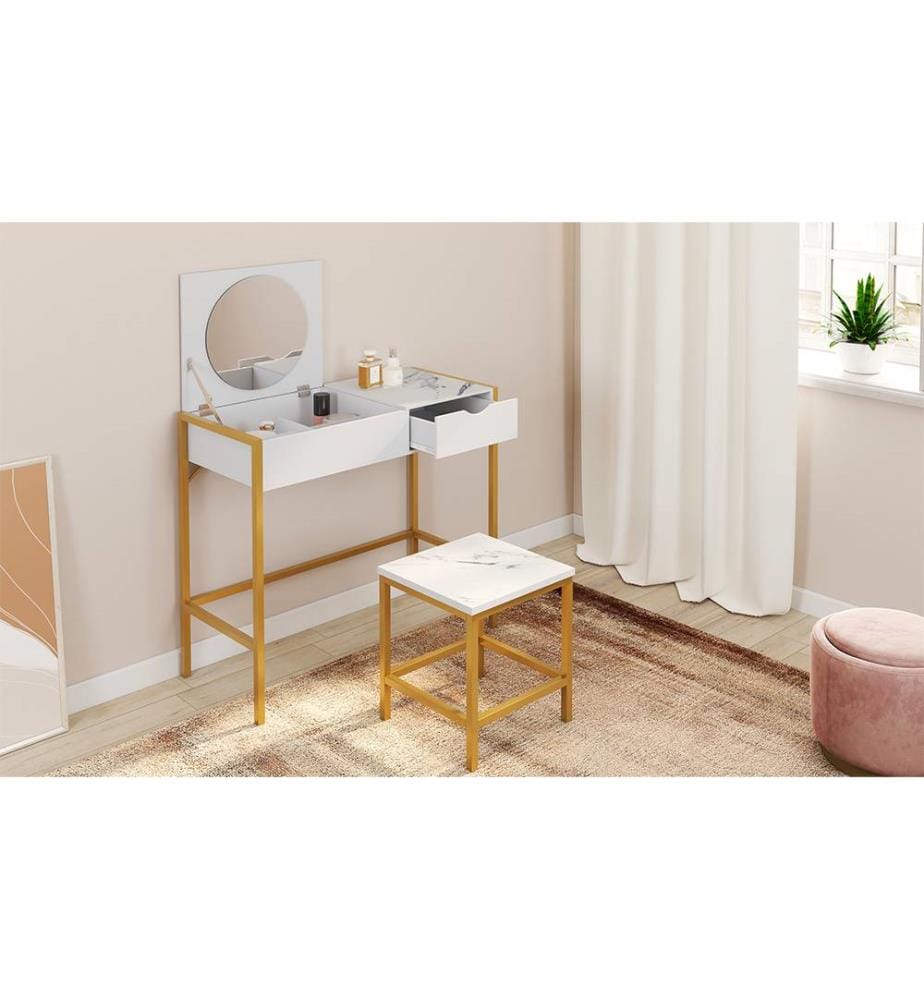Coiffeuse Glam 83x39,5x75/113cm - Blanc et Métal