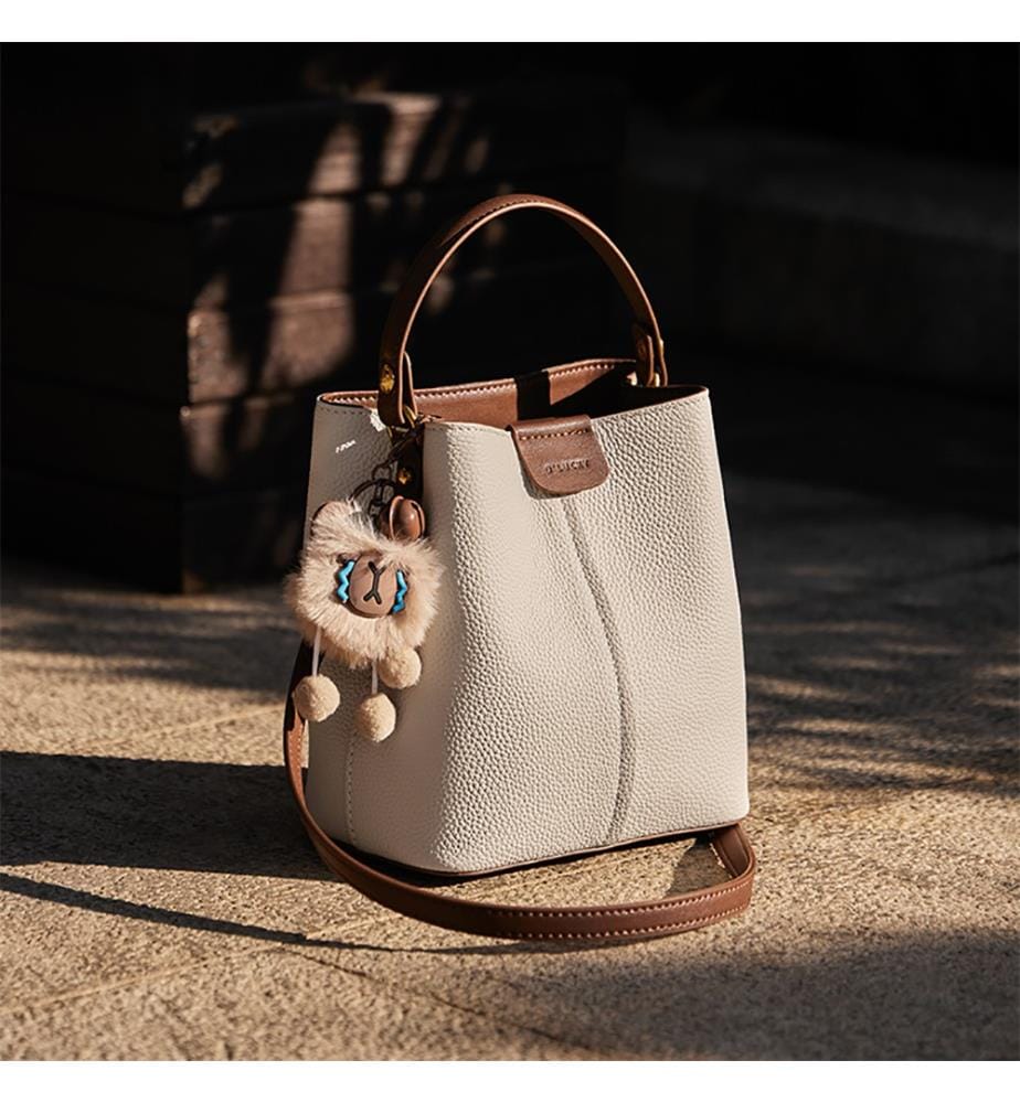 Tasche Eimer aus farbigem Leder - Elfenbein