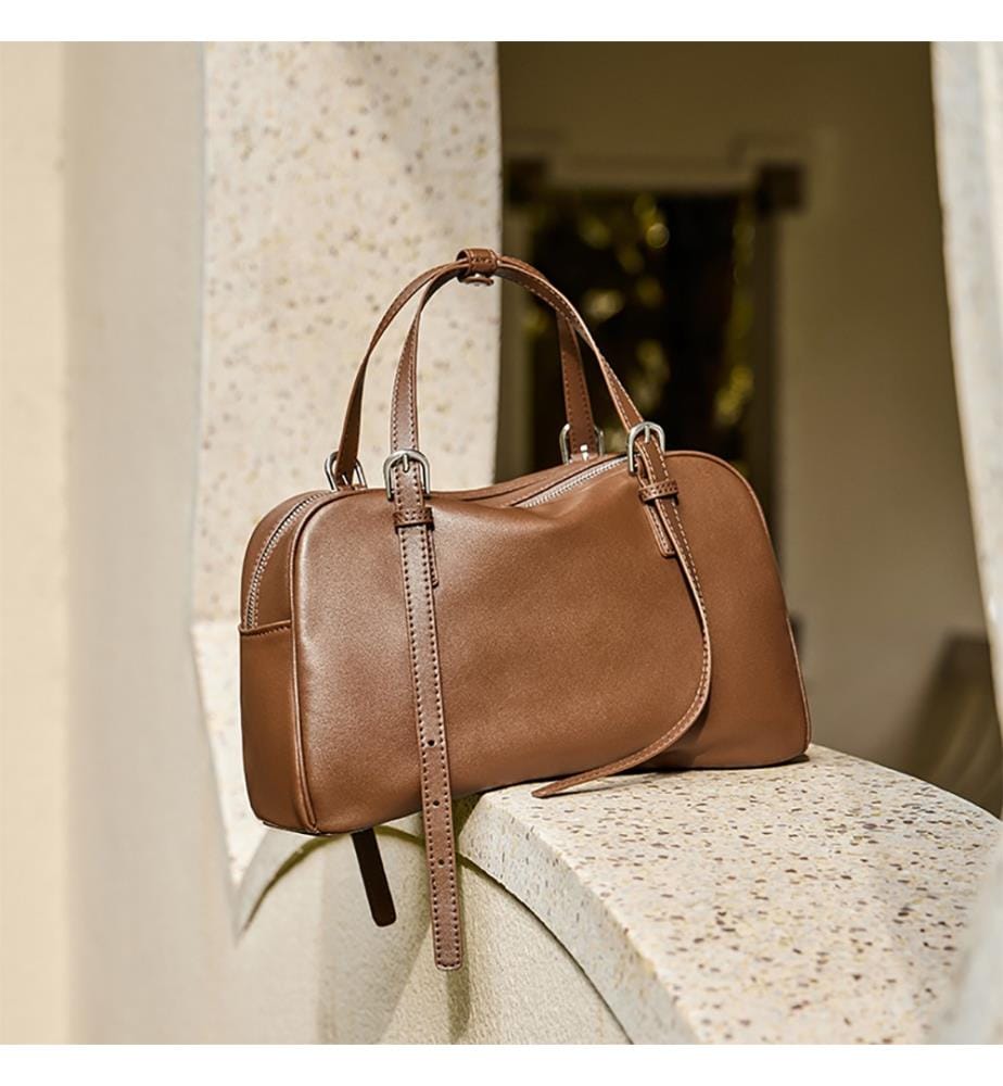 Bowling-Schultertasche aus Vintage-Leder - Camel