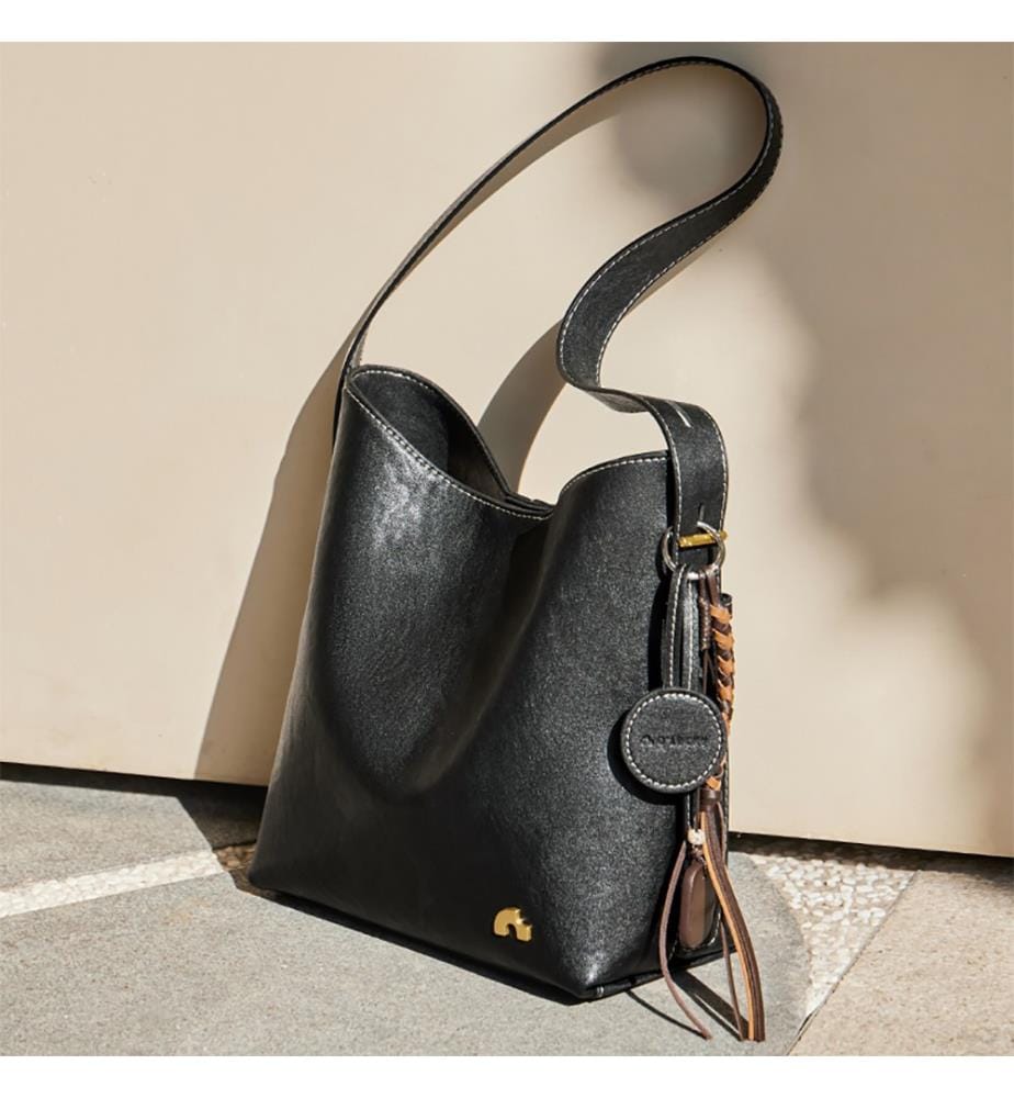 Sac Fourre-Tout Vintage en Cuir - Noir