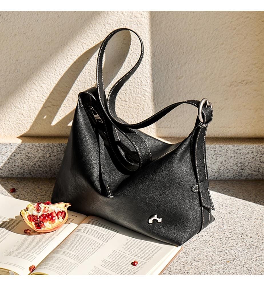 Vintage-Leder-Schultertasche Large - Schwarz