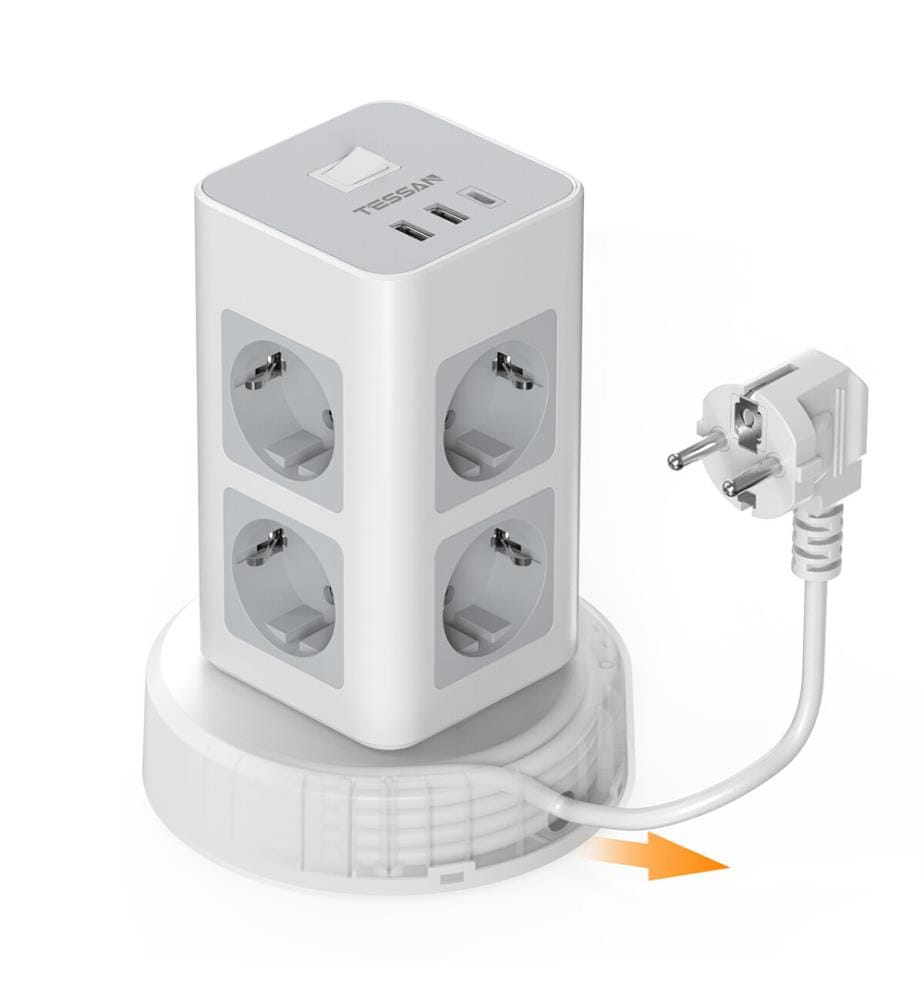 Steckdosenleiste mit 8 Steckdosen, Schalter und 2 m langem Kabel - Weiss