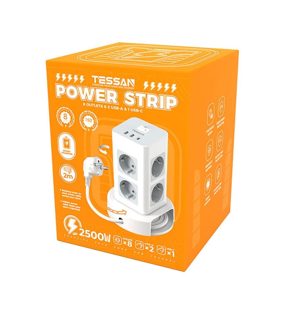 Steckdosenleiste mit 8 Steckdosen, Schalter und 2 m langem Kabel - Weiss