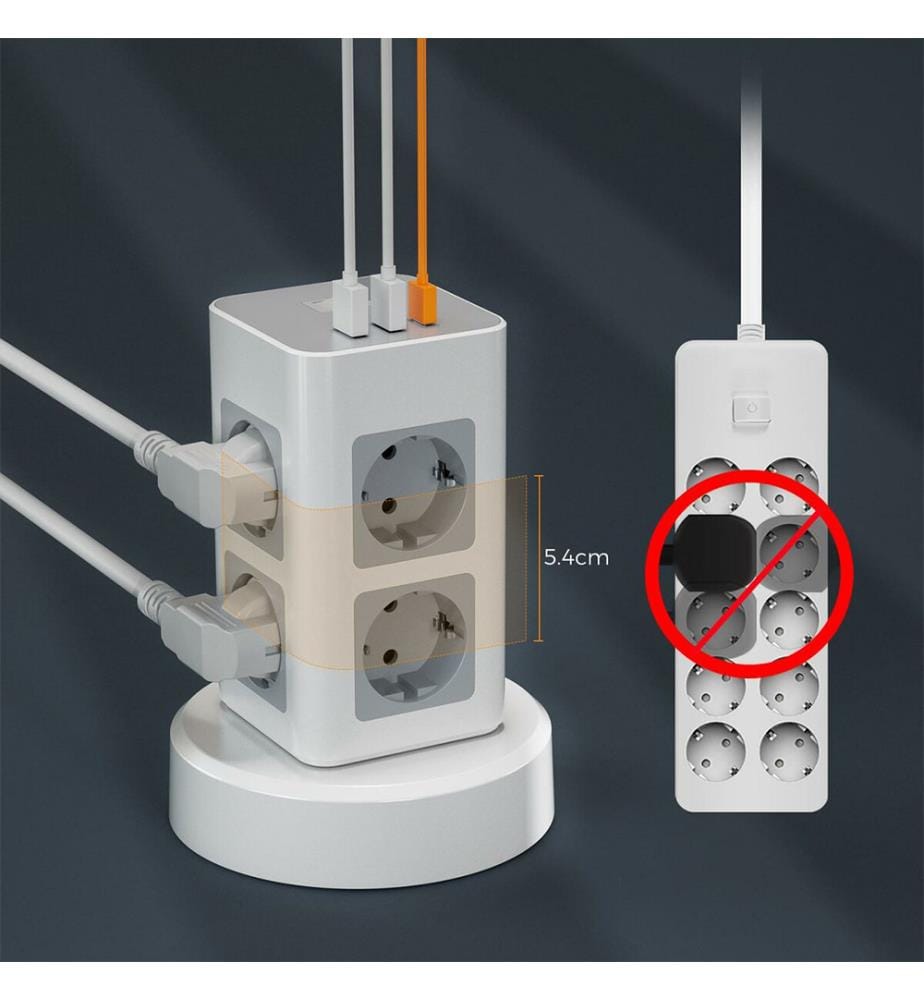 Steckdosenleiste mit 8 Steckdosen, Schalter und 2 m langem Kabel - Weiss