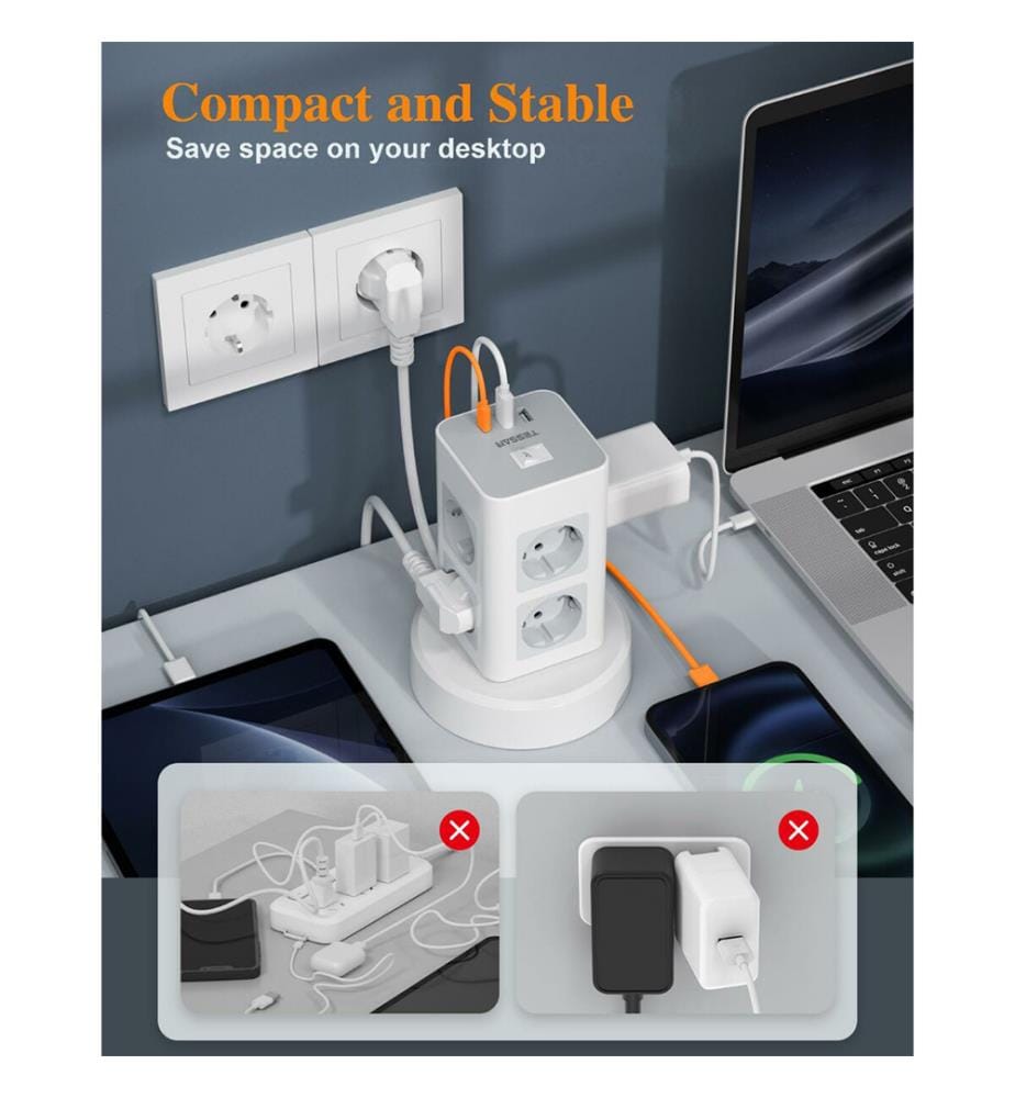 Steckdosenleiste mit 8 Steckdosen, Schalter und 2 m langem Kabel - Weiss