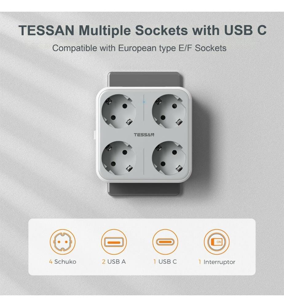 4-fach-Steckdosenleiste mit Schalter Tessan TS-302-DE-C - Grau