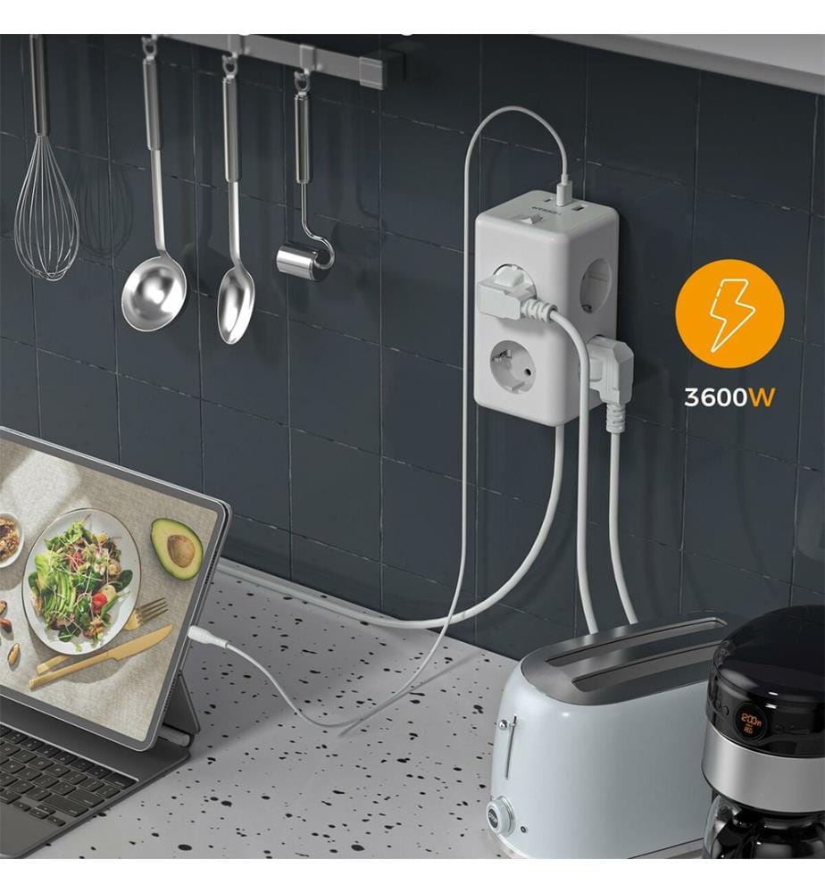 Steckdosenleiste mit 6 Steckdosen, Schalter und 2 m langem Kabel - Weiss