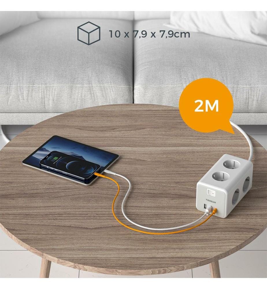 Steckdosenleiste mit 6 Steckdosen, Schalter und 2 m langem Kabel - Weiss