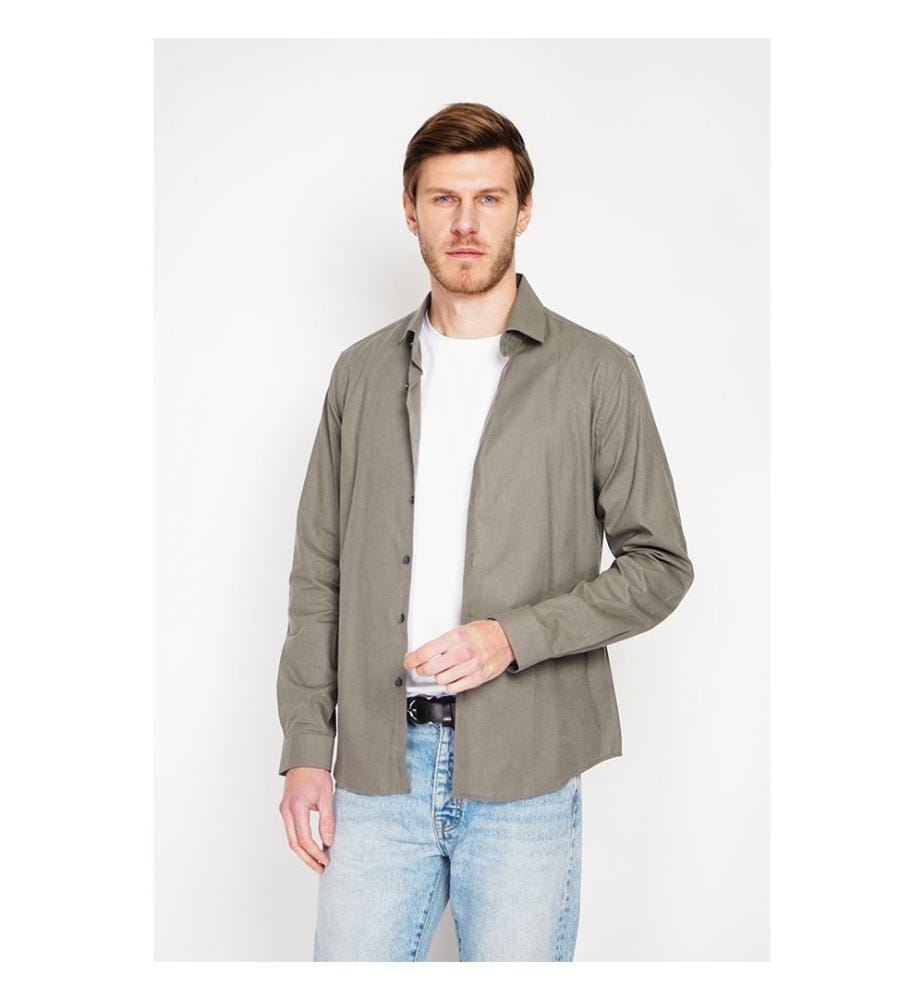 Hemd Slim Fit Italienischer Kragen Gebrochene Manschette - Khaki