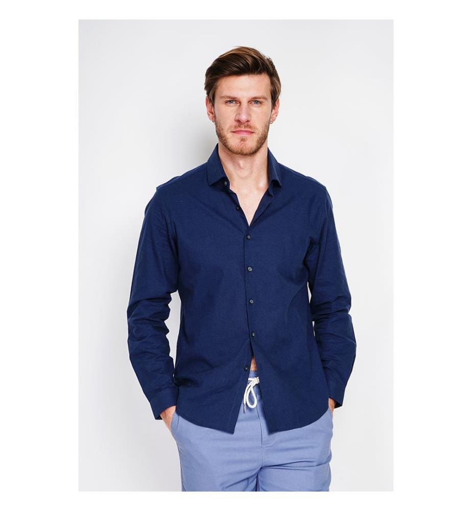 Hemd Slim Fit Italienischer Kragen Gebrochene Manschette - Marineblau