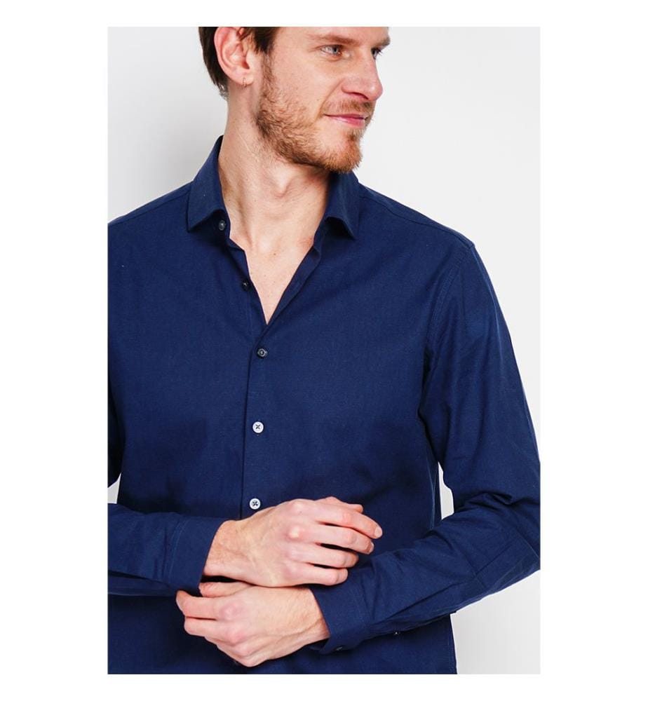 Hemd Slim Fit Italienischer Kragen Gebrochene Manschette - Marineblau