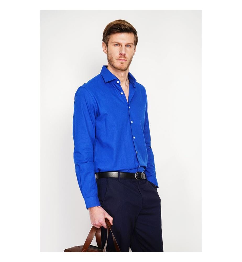 Hemd Slim Fit Italienischer Kragen Gebrochene Manschette - Royalblau
