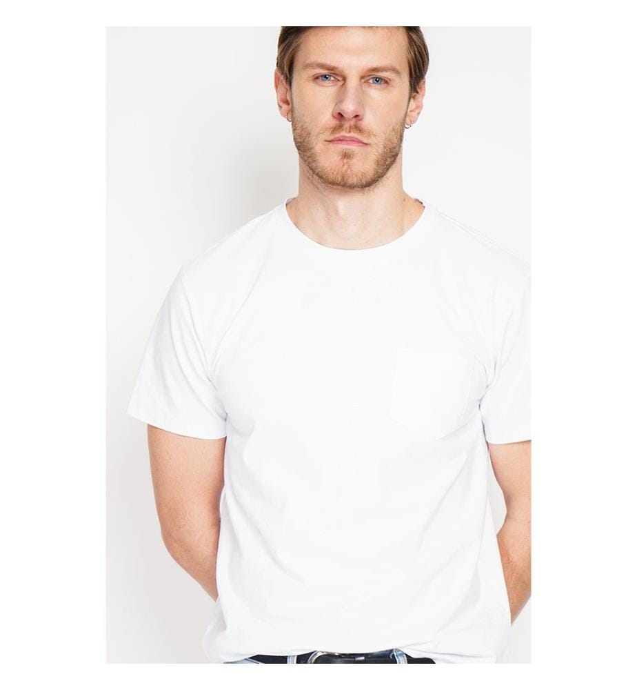 T-Shirt Rundhalsausschnitt Kurzarm Aufgesetzte Brusttasche - Weiss