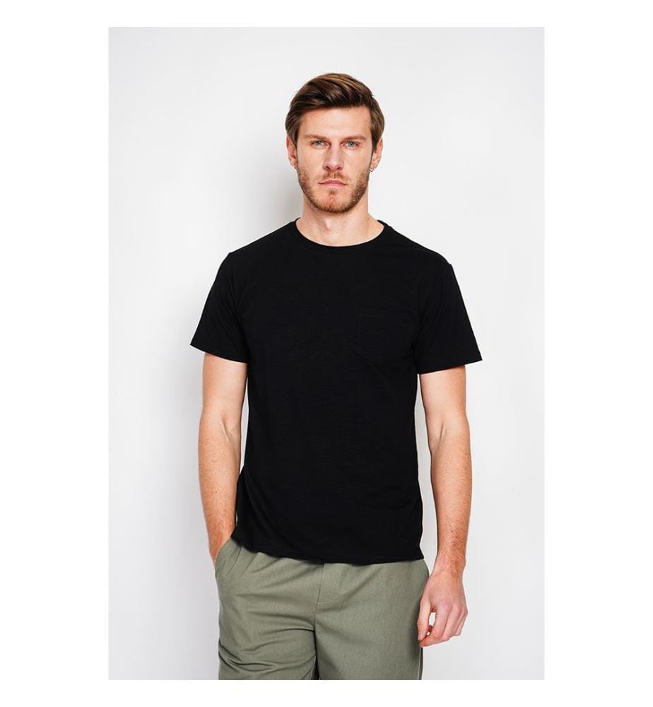 T-Shirt Rundhalsausschnitt Kurzarm Aufgesetzte Brusttasche - Schwarz
