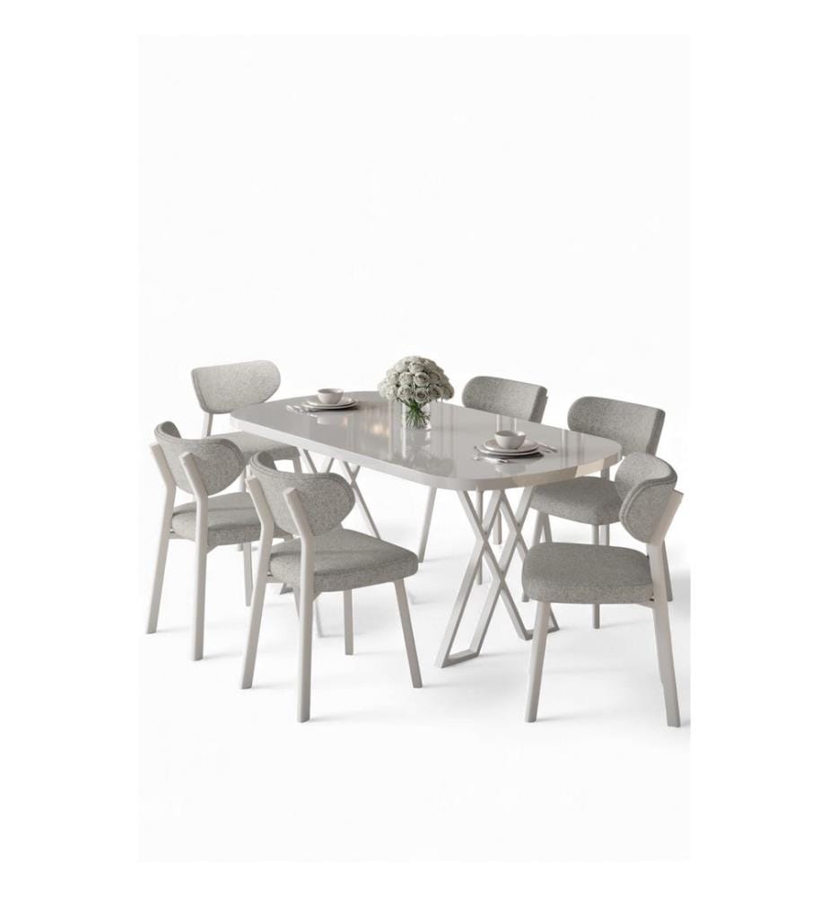7-teiliges Esszimmer-Set – Weiss / Grau