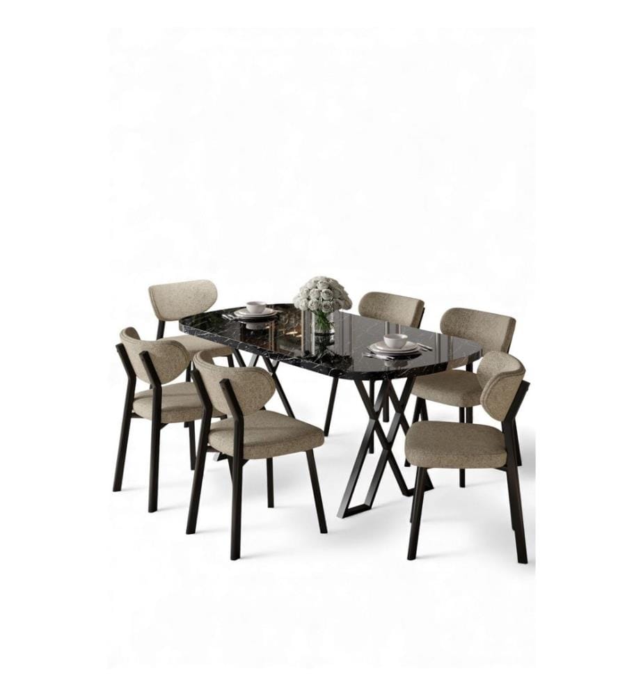 7-teiliges Esszimmer-Set – Schwarzer Marmor / Cappuccino