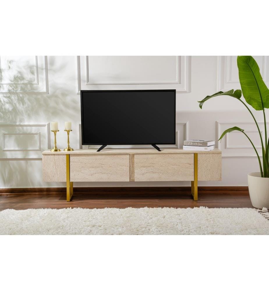 TV-Möbel – Travertin / Goldfarben