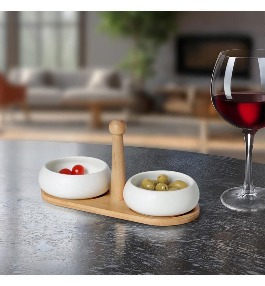 Lot de 2 Coupelles Apéritives en Céramique avec  Plateau en Bambou