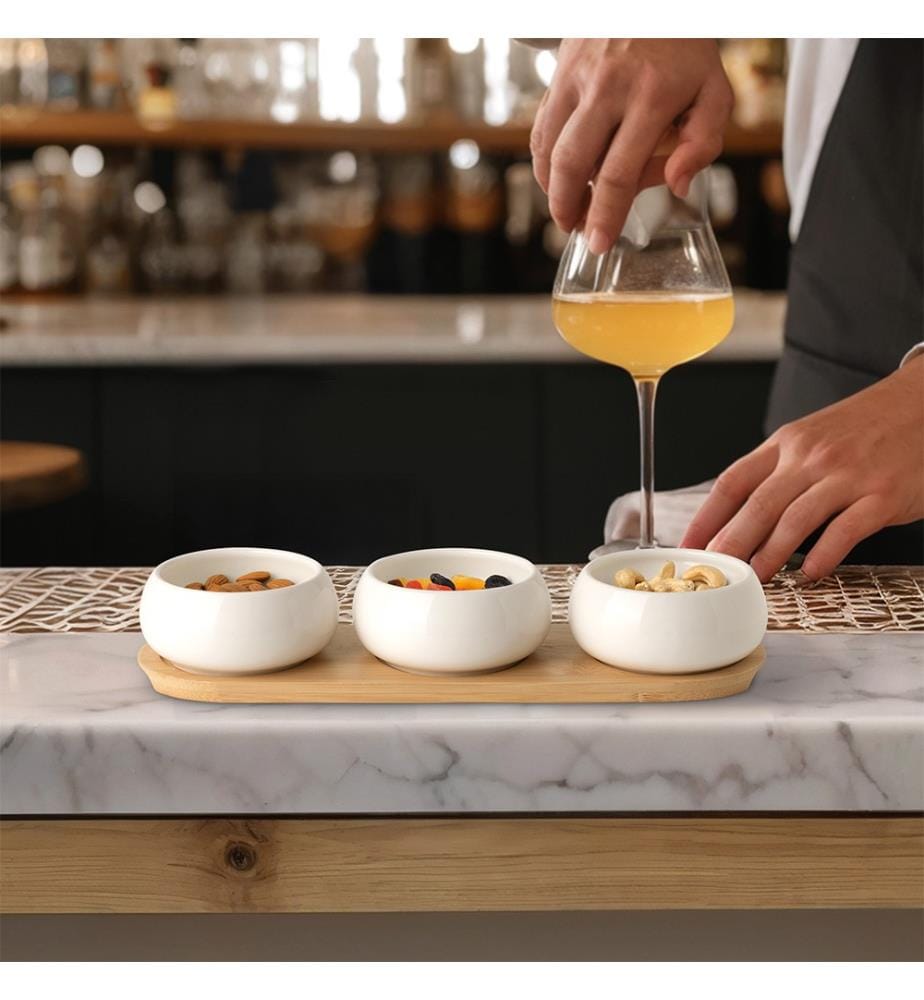 Set de 3 Coupelles Apéritives en Céramique Avec Plateau en Bambou Tapas 