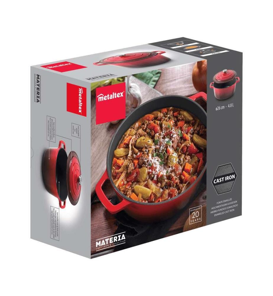Materia runder Bratentopf mit Deckel aus emailliertem Gusseisen - 26cm - 4.8L - 5.3kg rot/schwarz