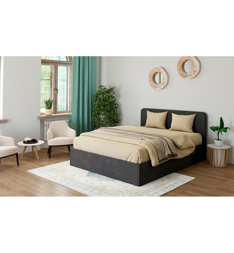 Lit Coffre En Velours Et Tête de Lit Arrondie Louise 140 x 190 cm - Gris