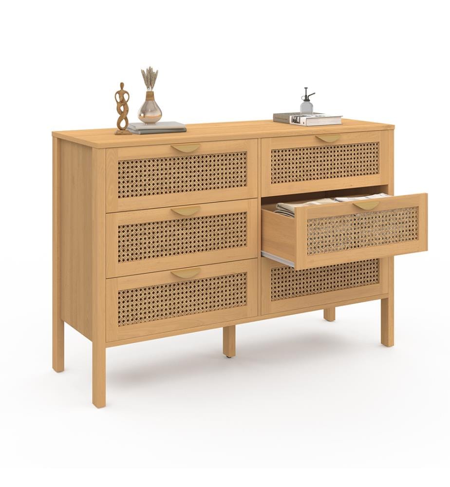 Commode Eve 6 tiroirs en cannage - Brun