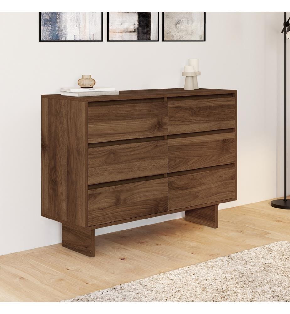 Commode Yumi 6 tiroirs en bois effet noyer