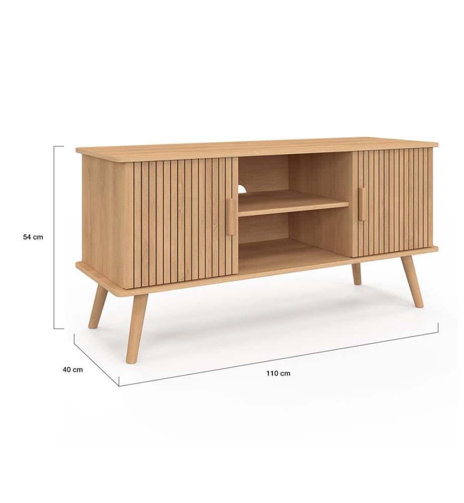 Porta TV effetto doghe Faustine 2 ante + ripiani L110cm - Marrone