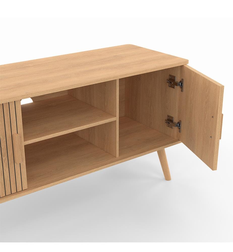 Porta TV effetto doghe Faustine 2 ante + ripiani L110cm - Marrone